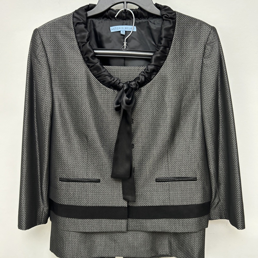 Vintage Antonio Melani Skirt Suit, Boxy Cut, 3/4 Sleeve, Bow, Woman's Size 14